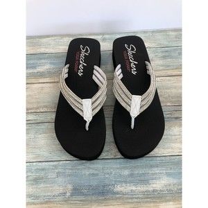 SKECHERS SPARKLE GLITTER STRAPPY WHITE/BLACK Flip Flop Sandals Size 9